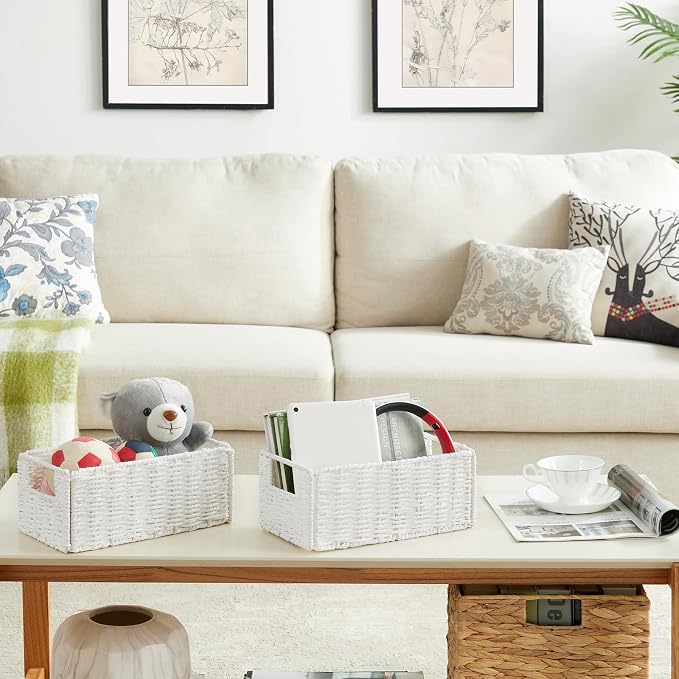 Wicker Baskets for Storage, Set of 4 Hand-Woven Wicker Storage Baskets for Shelves, Cube Storage Baskets Bins with Handles, Wicker Basket for Organizing Pantry Bedroom, White - Image 8