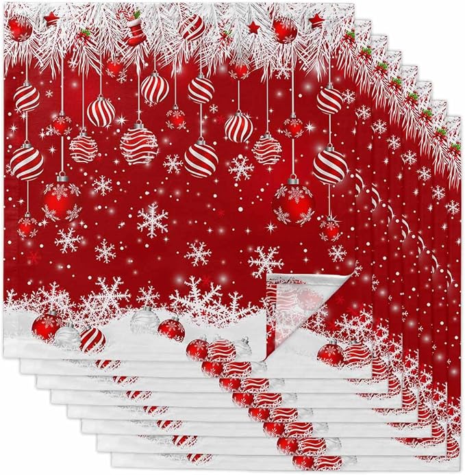 Red Christmas Dinner Cloth Napkins Set of 8, Xmas Ball Winter Snowflake Washable Cocktail Cloth Napkins, Sliver Needles Reusable Table Napkins for Wedding Holiday Party, 20 x 20 Inch by Kewadony