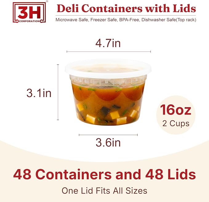 16oz Deli Containers with Lids (48 Sets) Plastic Pint Containers With Lids, BPA Free Microwave Safe Leakproof Stackable Freezer Containers With Lids for Overnight Oat, Food Storage - Image 2