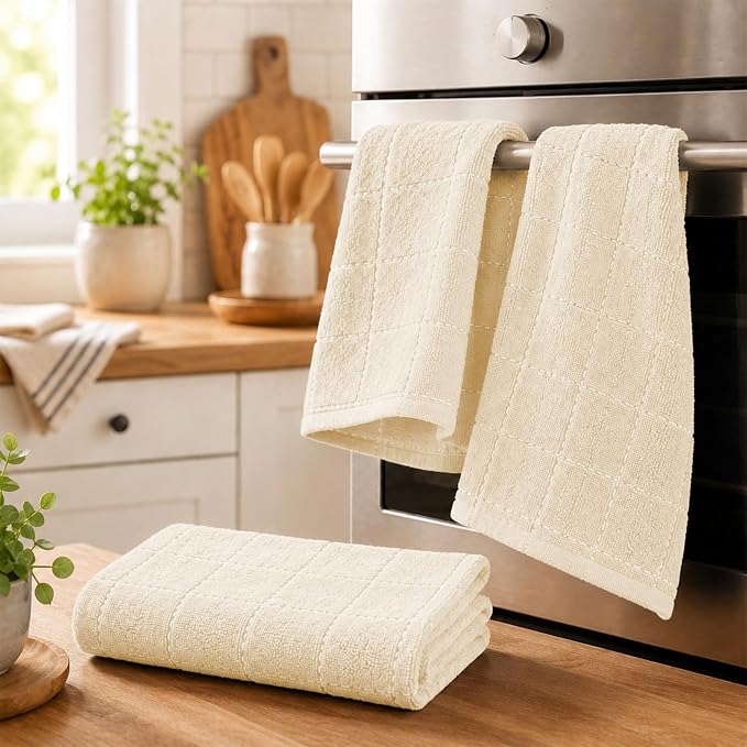 Kitinjoy 100% Cotton Terry Kitchen Towels, 13”x 28”, 4-Pack, Beige | Checkered Designed, Ultra Soft Absorbent Quick Drying Dish Towels - Image 7