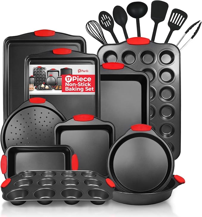 Non-Stick 17-Piece Baking Pan Set, BPA-Free Carbon Steel Bakeware Set with Silicone Handles, Stackable Kitchen Oven Set, Cookie Sheet, Baking Tray, Baking Sheet Set, Utensils, Oven Safe (446°F) by PERLLI