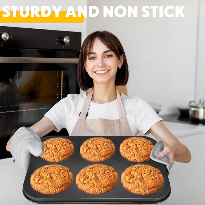 6 Pack Nonstick Jumbo Muffin Baking Pan Muffin Tins Heavy Duty Cupcake Tin Gold Carbon Steel Cup Cake Tray for Baking Cupcakes, Dishwasher Safe Small Muffins Tarts(Jumbo,Black) - Image 5