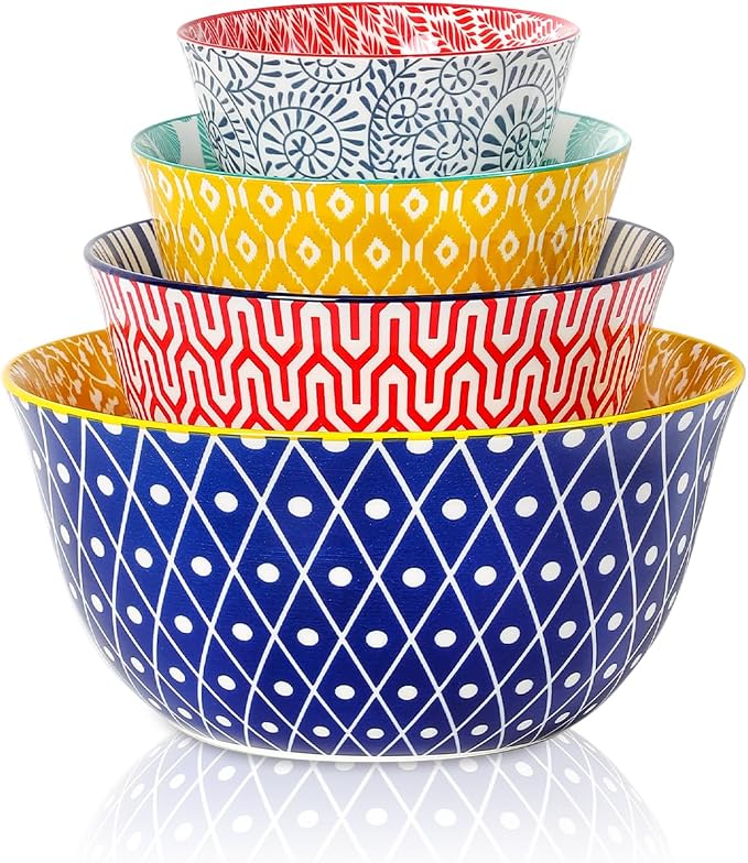 Selamica Ceramic Mixing Bowls, Nesting Bowls Set of 4 for Baking, Prepping, Cooking, Salad, 20/36/60/123 oz, Microwave & Dishwasher Safe, Assorted Colors by Selamica