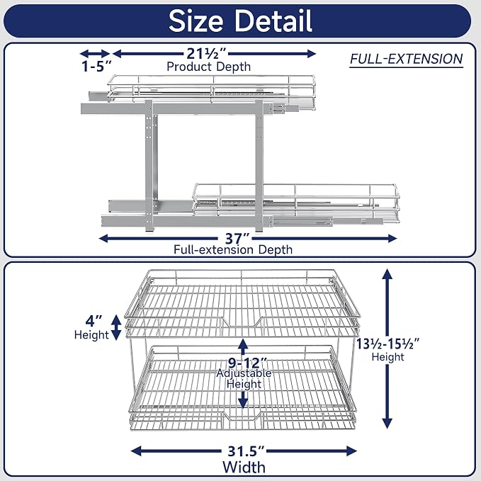 2-Tier Pull Out Cabinet Organizer, 31.5" W x 21.5" D, Heavy Duty Dual Slide Out Shelves for Wide Base Cabinets, Chrome Wire Basket Drawer for Pots, Pans, Pantry & Cleaning Supplies - Image 2