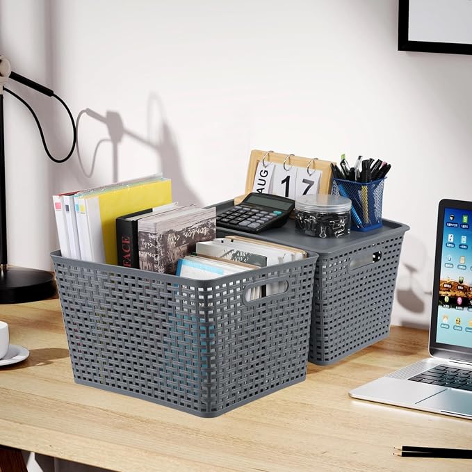 Ggbin 6-Pack Large Plastic Weave Storage Baskets Bins with Lids, Grey | Stackable - Image 4