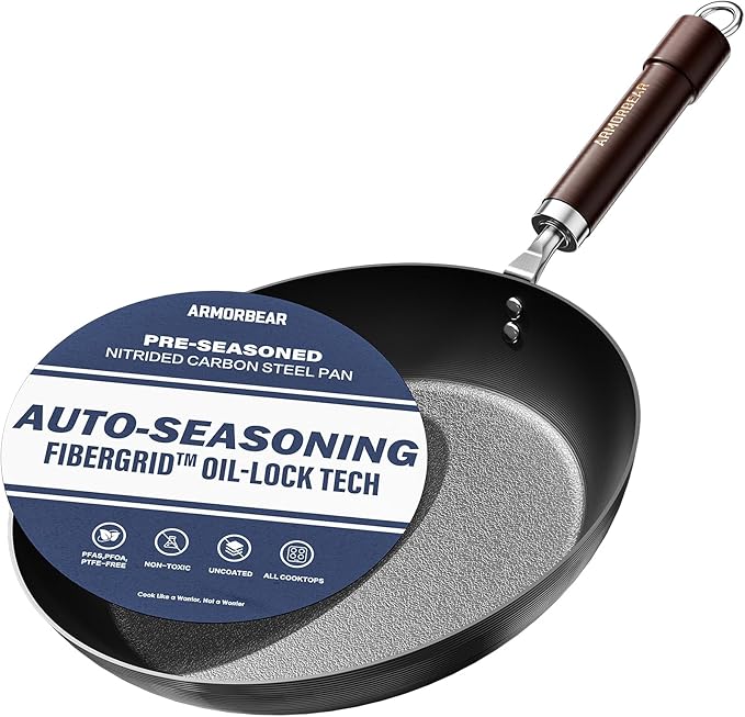 12 Inch Auto-Seasoning Large Carbon Steel Skillet, Pre-Seasoned Deep Nitrided Carbon Steel Pan for Family Size Meals and Professional Searing, Wooden Handle, PFAS & PFOA-Free by Unknown