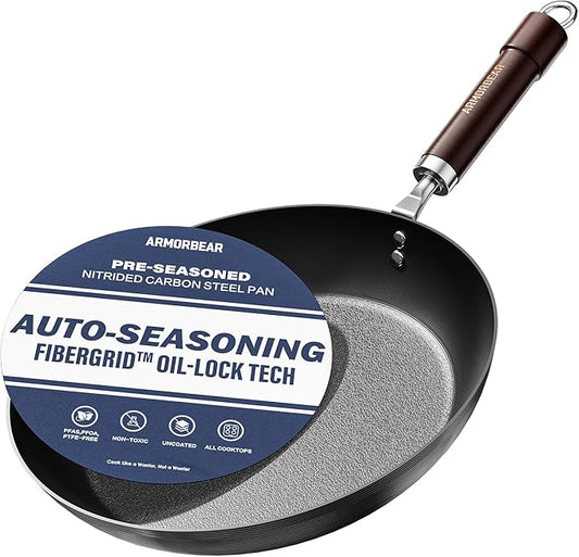 12 Inch Auto-Seasoning Large Carbon Steel Skillet, Pre-Seasoned Deep Nitrided Carbon Steel Pan for Family Size Meals and Professional Searing, Wooden Handle, PFAS & PFOA-Free by Unknown