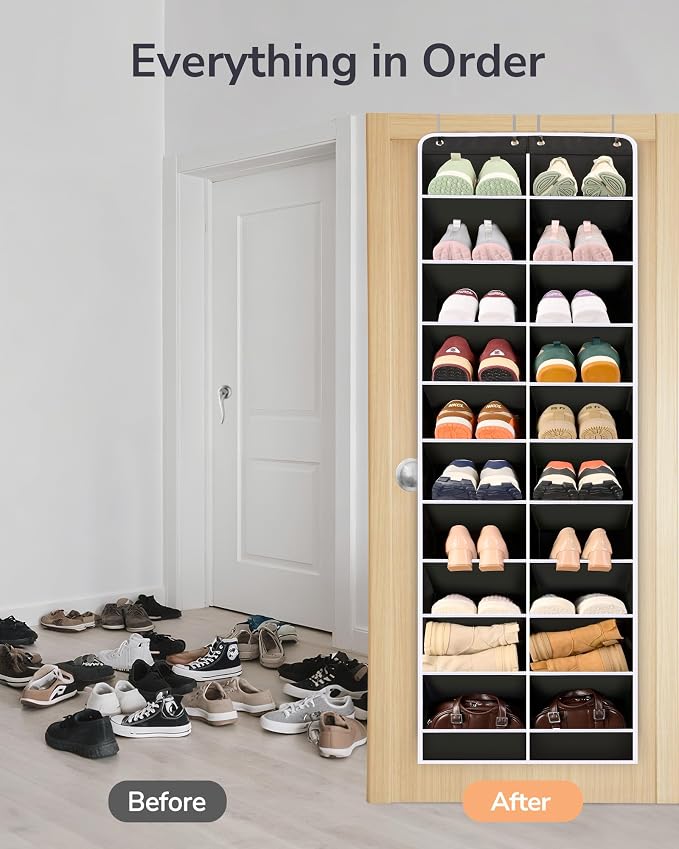 ULG Over The Door Shoe Organizer for Closet Fit 24-32 Pairs with Large Deep Pockets, Narrow Shoe Rack for Door Hanging Boots Storage, Black - Image 4