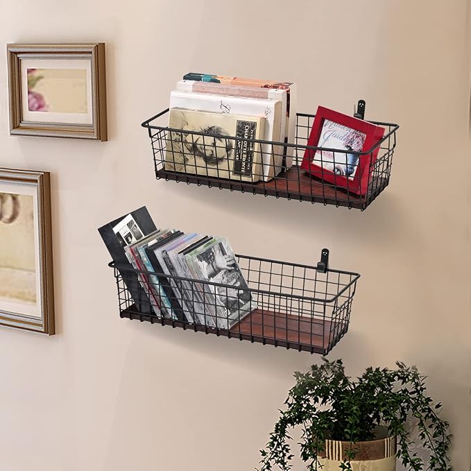 SheeChung [Extra Large Wall Storage Basket, Metal Hanging Basket, Black | Wooden Base & Handle, Wire Farmhouse Food Storage Organizer for Home Kitchen Bathroom Pantry Laundry Closet Garage RV, 2 Pack - Image 4