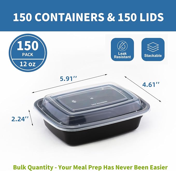 12oz Meal Prep Containers, 150 Sets Disposable Food Storage Boxes with Lids | Small, Single Compartment, Leakproof Lids, BPA Free, Microwave Freezer Safe, Plastic To Go Bento Boxes for Lunch Takeout - Image 2