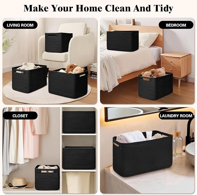Storage Baskets for Organizing, 4 Pack Baskets for Shelves, Decorative Storage Bins for Shelves, Cotton Rope Storage Basket with Handles, Woven Basket for Storage, 13''Lx8.7''Wx7.9''H, Black - Image 6