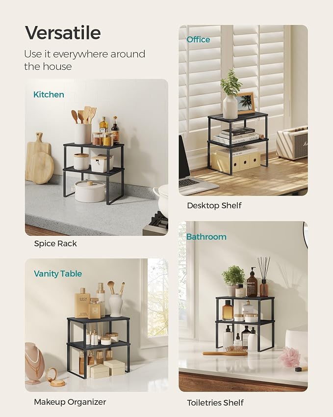 SONGMICS Cabinet Organizer Shelf, Set of 4 Kitchen Counter Shelves, Kitchen Storage, Spice Rack, Stackable, Expandable, Metal and Engineered Wood, Ink Black and Ebony Black UKCS027B01 - Image 6