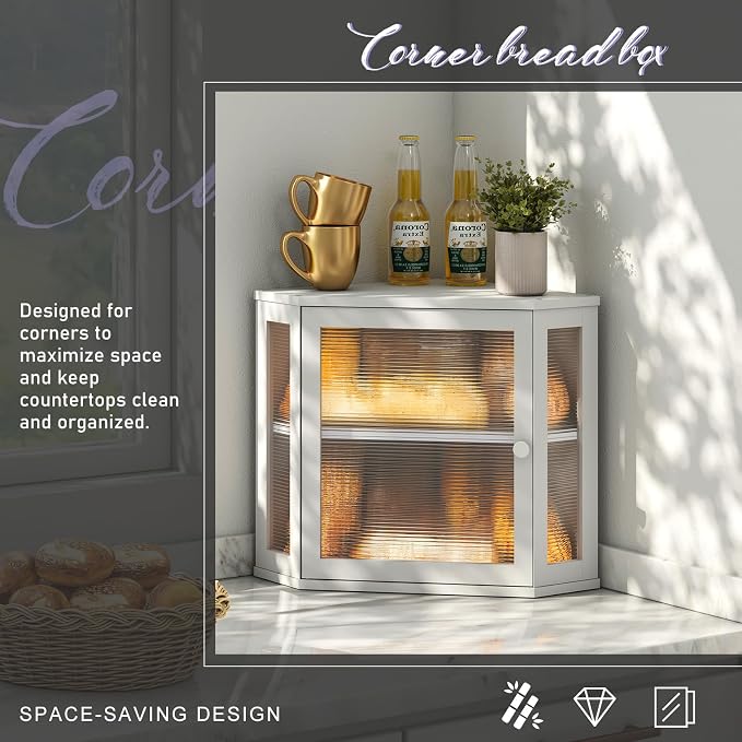 Corner Bread box for Kitchen Countertop,Farmhouse Bread Box with Acrylic Wavy Door Panel,Large Bread box for kitchen countertop,Kitchen Countertop Food Storage Container (White, Meduim) - Image 3