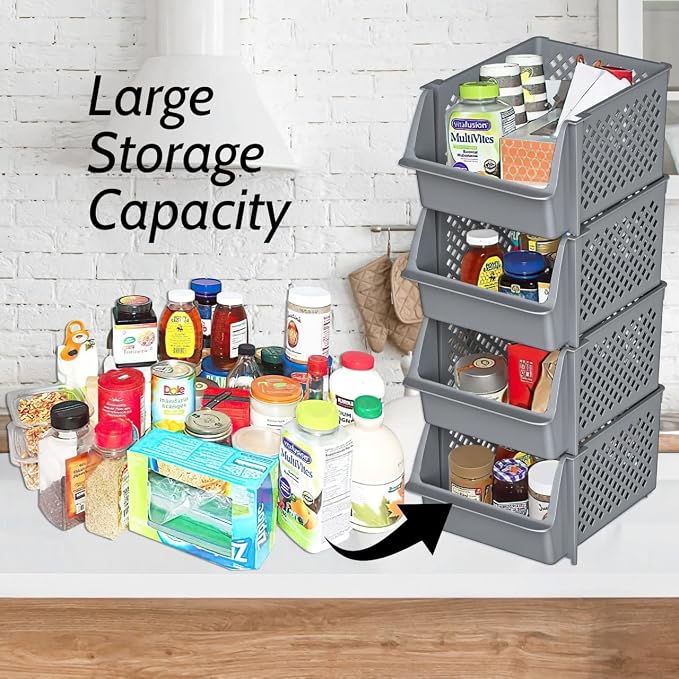Skywin Stackable Storage Bins Open Front for Pantry Storage, 4 Pack - Grey | Sturdy Plastic, Easy Stacking, Open Front Access, Ventilated Sides, Vertical & Space Saving Pantry Organizers and Storage Bin - Image 3