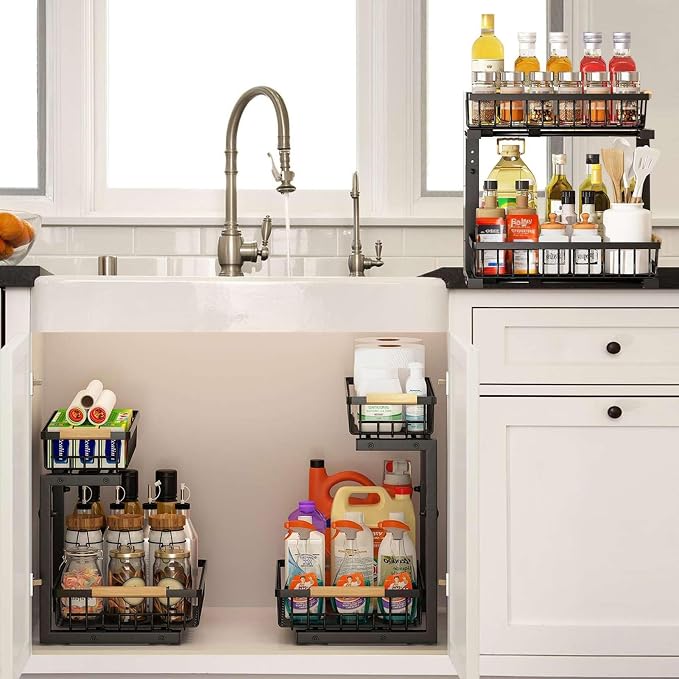 2 Pack Under Sink Organizer Cabinet for Kitchen Bathroom, 2 Tier Metal Slide Out Under Sink Drawers, Adjustable Height, Under Sink Pull Out Organizers and Storage, Black, 13.7" H-17 H - Image 6