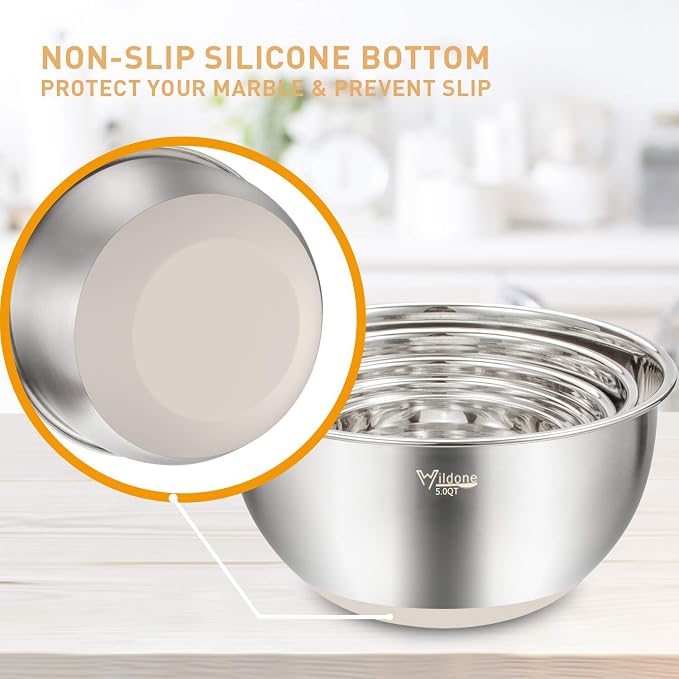 Wildone Mixing Bowls with Airtight Lids Set, 5PCS Stainless Steel Khaki Nesting Bowls for Kitchen, with Grater Attachments & Non-Slip Bottoms, Size 5, 3, 2, 1.5, 0.63 QT, Great for Mixing & Serving - Image 5