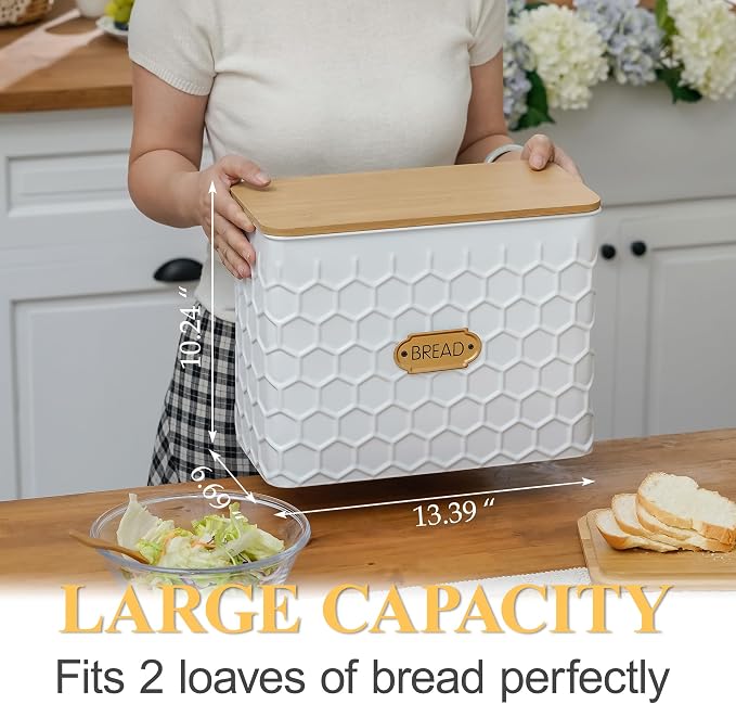 Extra Large Honeycomb Embossed Bread Box with Bamboo Lid | Corner Breadbox for Homemade Bread, White Metal Bread Storage Container Bin for Kitchen Countertop, Fits 2 Loaves of Bread - Image 2