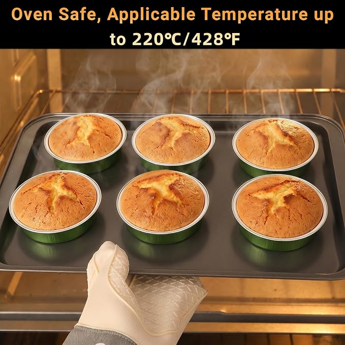 Beasea Mini Disposable Cupcake Pans with Lids, 100 Pack 7.3oz Aluminum Foil Baking Cups Tart Pie Tins, Small Round Tart Containers for Individual Dessert Muffin Cheesecake Quiche - Avocado Green - Image 4