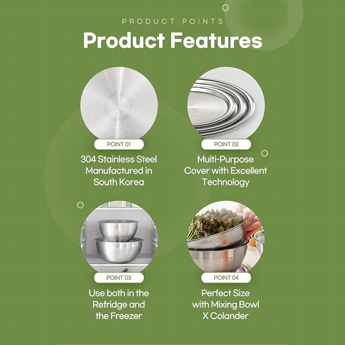 Mixing Bowl + Colander Stainless Steel Food Storage Containers with Lids Set 3 Bowls 3 Lids 3 Colanders Kitchen Appliances Dishwasher Safe Premium South Korea - Image 3