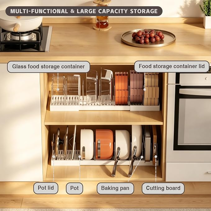 Magheo 2 Pack Pots and Pans Organizer Under Cabinet, Expandable 12.6"-22.8" Kitchen Cabinet Organizer Holder with 10 Adjustable Dividers for Food Storage Container Lid, Cookie Sheet, Cookware(White) - Image 3