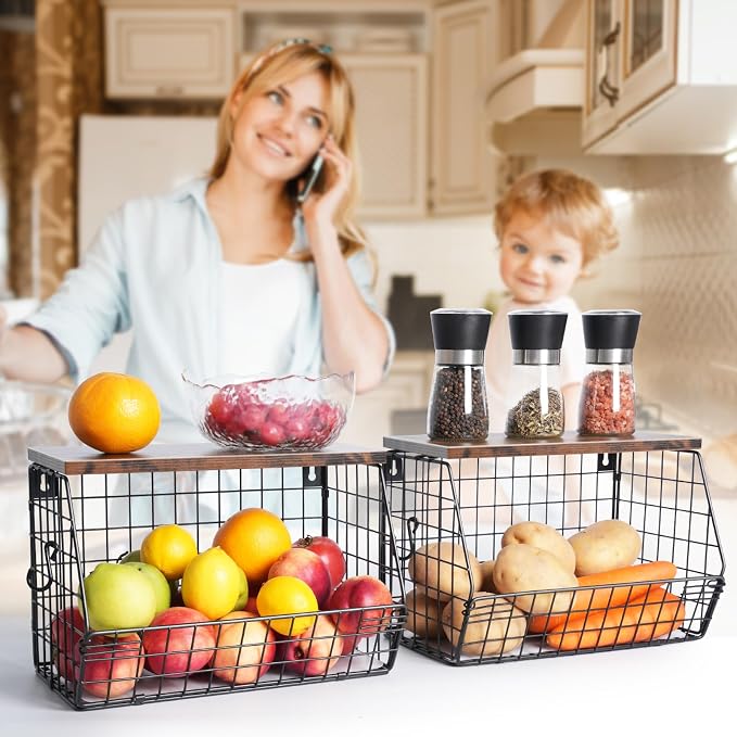 Mefirt Fruit Bowl, Stackable Wall Mounted Fruit Basket of Smooth Wood Lid with 4 Banana Hanger Hooks, Metal Kitchen Counter Organizer for Snack, Fruit and Vegetable Storage, 11.8 * 7.9 * 8.5 Inches - Image 6