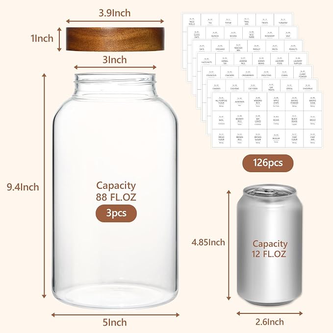 KEYWING 88oz Glass Jars w/Acacia Lids for Flour & Sugar Storage Containers | 3Pcs Large Airtight Food Storage Containers , Pantry Organizers for Rice, Pasta, Cereal, Cookies –88 fl.oz with 126 Labels - Image 2