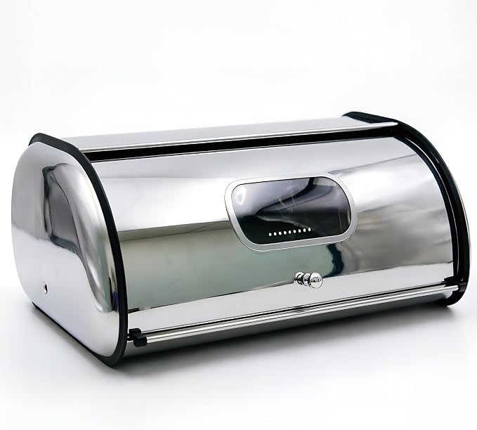 Large Stainless Steel Bread Box for Kitchen Countertop, Roll Top Metal Bread Storage Container with Window & Air Vents, Bread Keeper for Homemade Bread, Pastries (17.1x10.6x7.08 In) by HAUSMODA