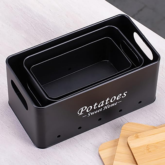 Kitchen Vegetable Storage Tins Set Of 3, Potato Onion Garlic Canisters | Storing potatoes, onions, and garlic. Features aerating holes to keep vegetables fresh and wooden lids for a stylish look - Image 8