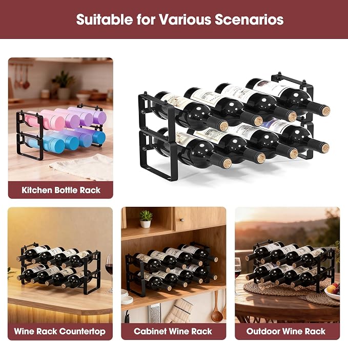 Stackable Wine Rack Countertop, 8 Bottles Wine Bottle Holder for Inside Cabinet, Small Tabletop Wine Holder Stand for Pantry Bar, 2-Tier Angle Adjustable Wine Bottle Rack for Tight Spaces - Image 8