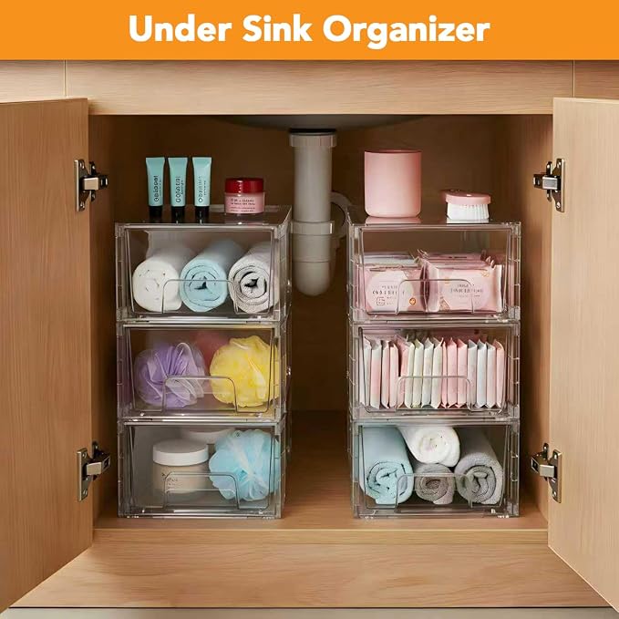 2 Pack Stackable Storage Drawers,Plastic Organizers Bins, Drawers Storage with Handles and Movable Dividers for Organization and Storage in Fridge,Bathroom, Pantry, Kitchen Cabinets, Under Sink - Image 8