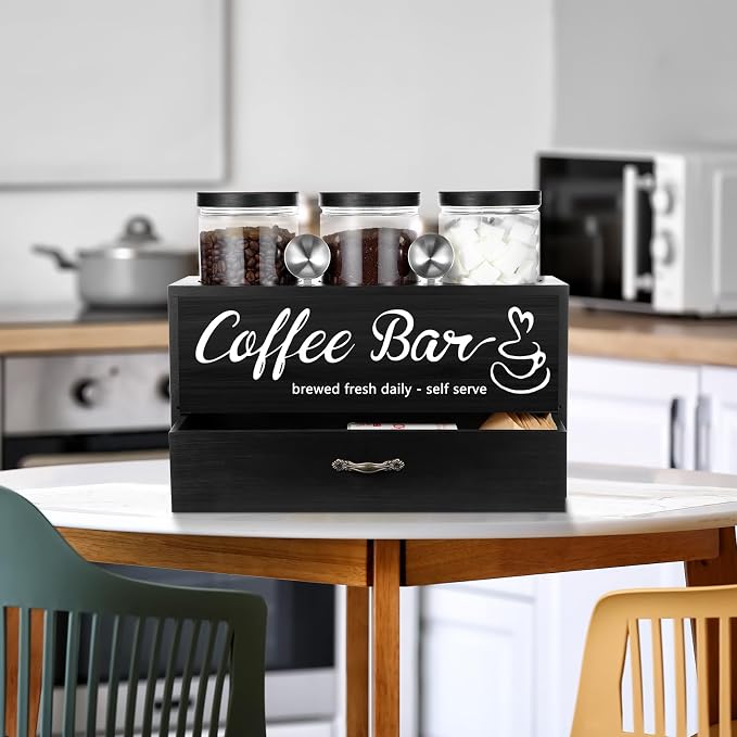 3 Pcs Coffee Bar Containers Set Include Coffee Sugar Container with Lid and Spoon and Double Layer Storage Box with Drawer for Bar Kitchen Countertop(Black) - Image 4