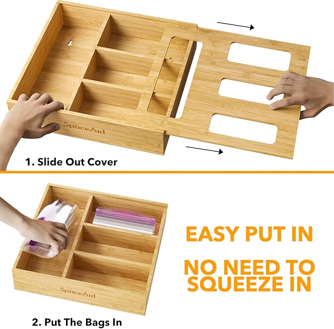 SpaceAid Bag Storage Organizer for Kitchen Drawer, Bamboo Organizer, Compatible with Gallon, Quart, Sandwich and Snack Variety Size Bag (1 Box 4 Slots), 2.5" High - Image 5