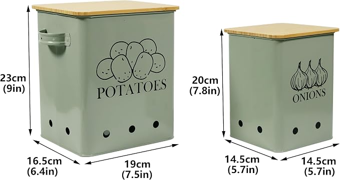 Kitchen Vegetable Storage Tins Set of 2, Onion and Potato Storage Bins with Wooden Lid and Aerating Holes, Garlic Bin Caddy, Vintage Kitchen Decor, Green - Image 7