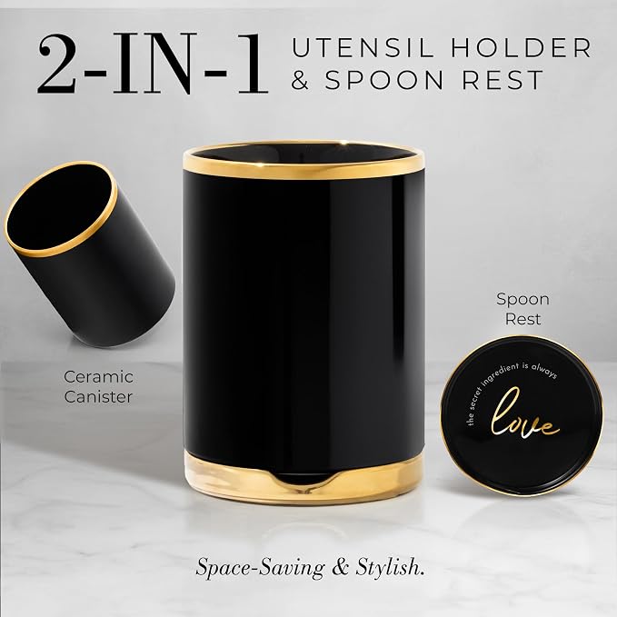 Styled Settings Black and Gold Kitchen Utensils Set with Holder, 8-Piece | Heat Resistant, Nonstick, Black Silicone Cooking Utensils Set, Ceramic Utensil Holder & Stackable Gold Spoon Rest - Image 3