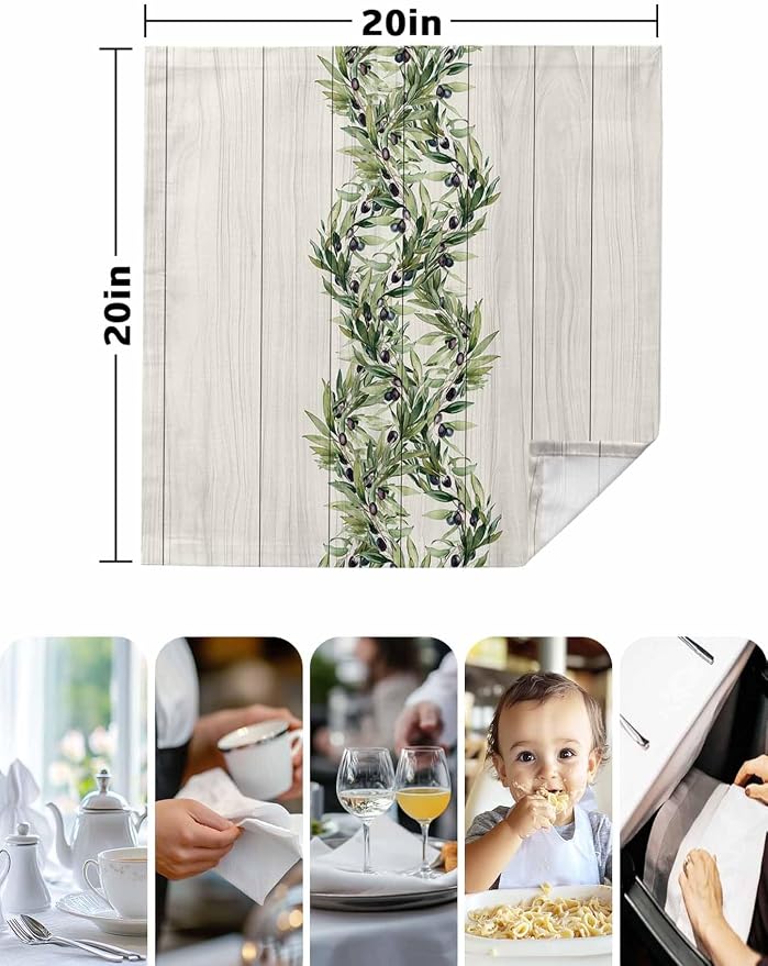 Kitchen Dinner Napkins Set of 4, Vintage Olive Leaf Cloth Napkins Reusable Washable Table Napkins for Weddings Cocktail Parties Holiday Table Decor 20x20 Inch Farmhouse Wooden Grain - Image 3
