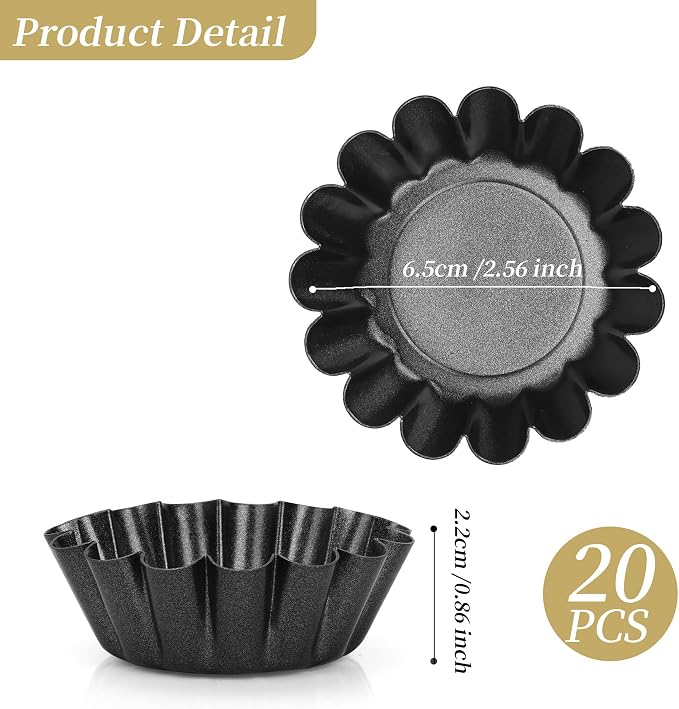 20 Pack Mini Tart Tins 6.5 cm Mini Quiche Dishes Egg Tart Mold Carbon Steel Quiche Tins Non Stick Round Muffin Mould for Baking (Black) - Image 2