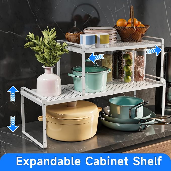 Expandable Cabinet Shelf Organizers, Kitchen Small Stand Rack Organization for Countertop Cupborad Pantry Desktop Spice Rack, White 3 Pack - Image 3