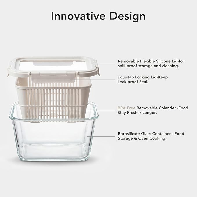 Glass Produce Storage Containers for Fridge, 2-Pack – Airtight Fruit & Vegetable Containers with Removable Colanders, Flexible Silicone Lids,LeakProof, BPA-Free Borosilicate Glass - Image 4