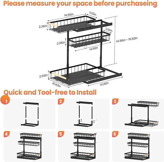 Under Sink Organizer and Storage for Bathroom and Kitchen - 2 Pack 3 Tier | Under Cabinet Pull Out Shelf Organizers - Slide Out Drawer Organization for Home Cabinets Shelves and Drawers - Image 2