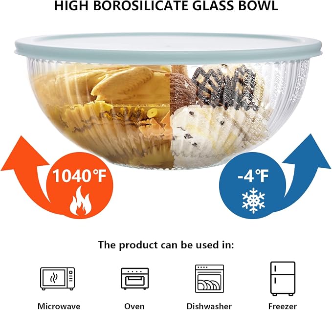 Luvan Glass Mixing Bowls with Lids Set(3.7QT, 2.1QT, 1.1QT),3PC Glass Nesting Bowl, Large Salad Bowls Sets with lids,Clear Cooking Bowl for Kitchen Prep,Food Storage,Baking,Microwave and Oven Safe - Image 3