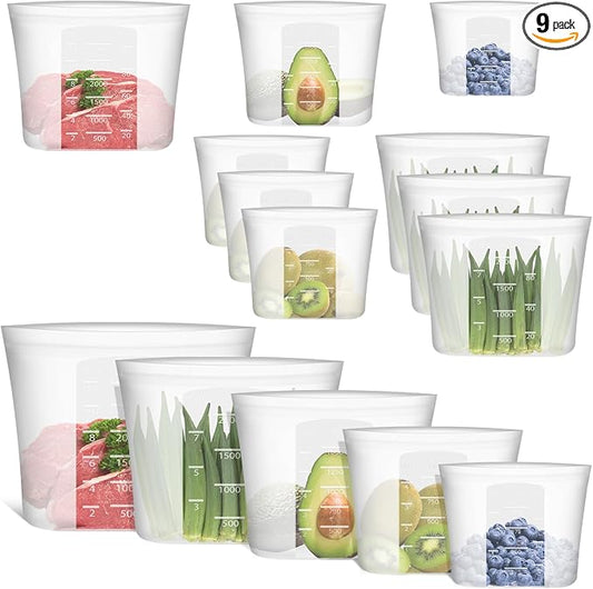 100% Silicone Reusable Storage Bag, 9 Pack Stand-Up Wide-Mouth Zip-Lock Food Storage Bags, Easy-Fill Easy-Open Easy-Clean Space-Saving, Microwave & Dishwasher Safe, 1 XL/3 L/1 M/3 S/1 XS, Translucent by Annaklin