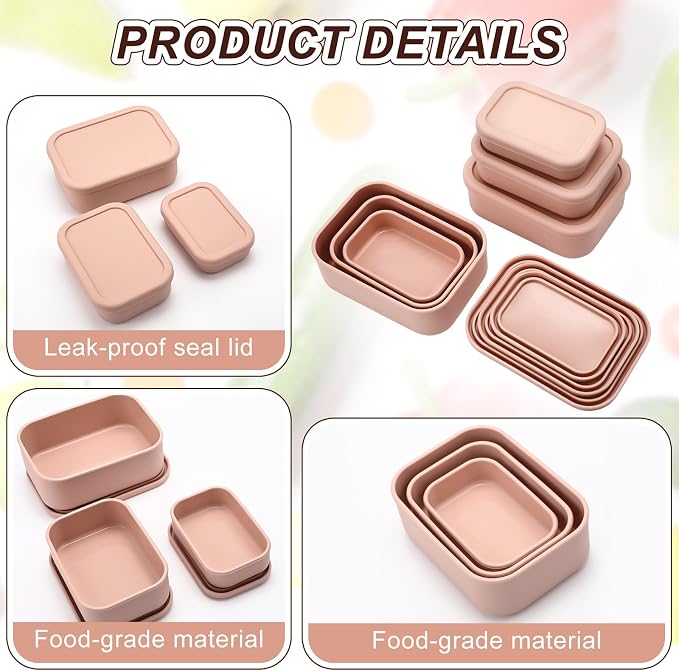 2 Sets of 6 Silicone Food Storage Containers, Reusable Lunch Bento Box with Lid, Hard Shell Storage Containers, Microwave Dishwasher Freezer Safe, 10 oz, 23.6 oz, 44 Ounce(Pink) - Image 3
