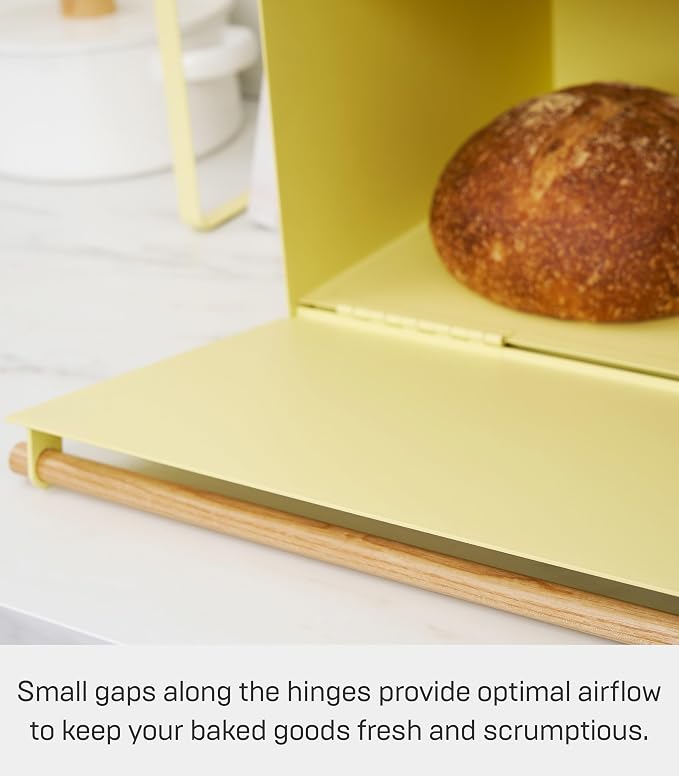 YAMAZAKI Home Modern Bread Box – Steel + Wood Countertop Bread Storage Container, Large Yellow Bread Box for Kitchen Countertop, Space-Saving Bread Keeper, Easy Access Lid - Image 6