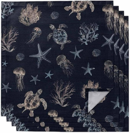 Ocean Turtle Cloth Napkins Set of 4 - Nautical Coastal Coral Starfish Jellyfish Black Washable Dinner Napkins Reusable Table Napkins for Party Weeding Dining Table Setting Decoration,Oversized 20"x20" by Unknown