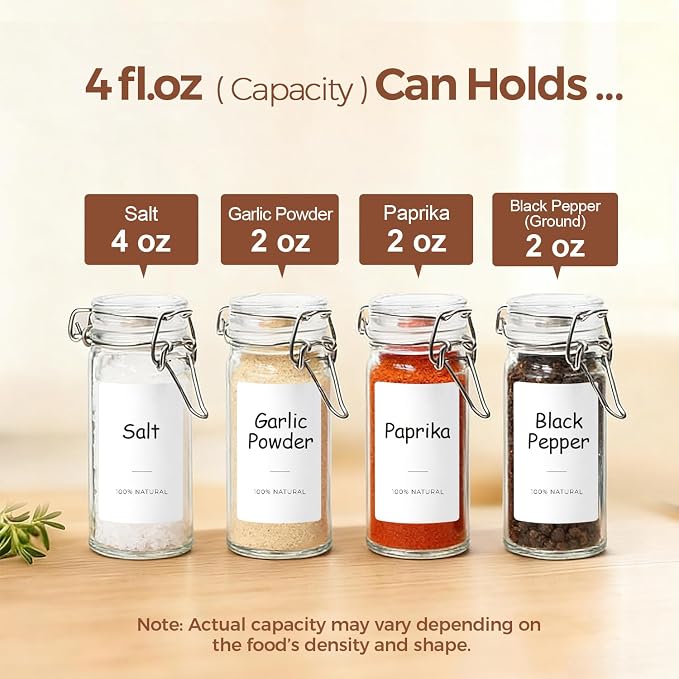 ComSaf Small Glass Spice Jars with Airtight Lids 4 oz 12 Pack with Labels | Seasoning herbs powders, Salt pepper chili, Spice rack cabinet organization, Small size, Funnel included, DIY crafts gifts - Image 3