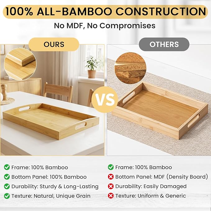 Bamboo Serving Tray Set of 2, Bamboo Trays with Handles | Decorative bamboo serving trays for serving, storage,kitchens, living rooms,bathrooms, outdoor dining 17" × 13" & 16" × 12" - Image 4