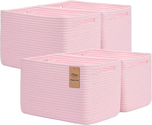 Storage Baskets for Organizing, 4 Pack Baskets for Shelves, Decorative Storage Bins for Shelves, Cotton Rope Storage Basket with Handles, Woven Basket for Storage, 13''Lx8.7''Wx7.9''H, Pink by Degeyoyo