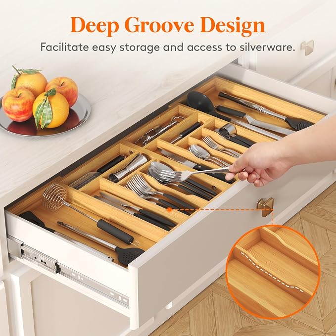 Lifewit Large Silverware Drawer Organizer, Bamboo Utensil Tray for Kitchen | Expandable 21.4 to 36 Inches Wide, Adjustable Flatware and Cutlery Holder for Spoons Forks Knives, 13 Compartments, Natural - Image 9