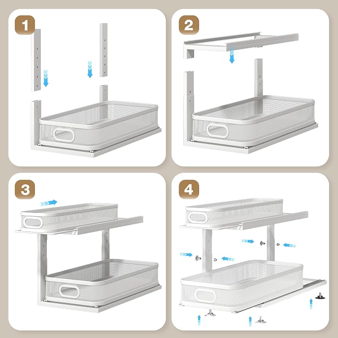 2 Pack 21IN-Depth Under Sink Organizer With Next-Gen Ball-Bearing Slides,2-Tier Precision Mesh Pull Out Cabinet Storage for Bathroom&Kitchen,Height Adjustable Drawers Shelf,Anti-rust-White - Image 5