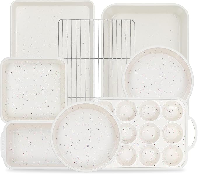 Vinino 8-Piece Baking Pans Set Nonstick, Bakeware Set includes Silicone Muffin, Loaf, Cake Pans with Metal Reinforced Frame, and Carbon Steel Roasting Pan, Cookie Sheet, Cooling rack for Oven-Cream by VININO